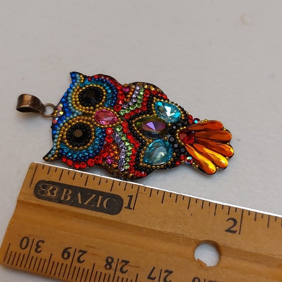 Vibrant Multicolor Crystals Micro Mosaic Owl Sterling Silver Pendant - Picture 6 of 7
